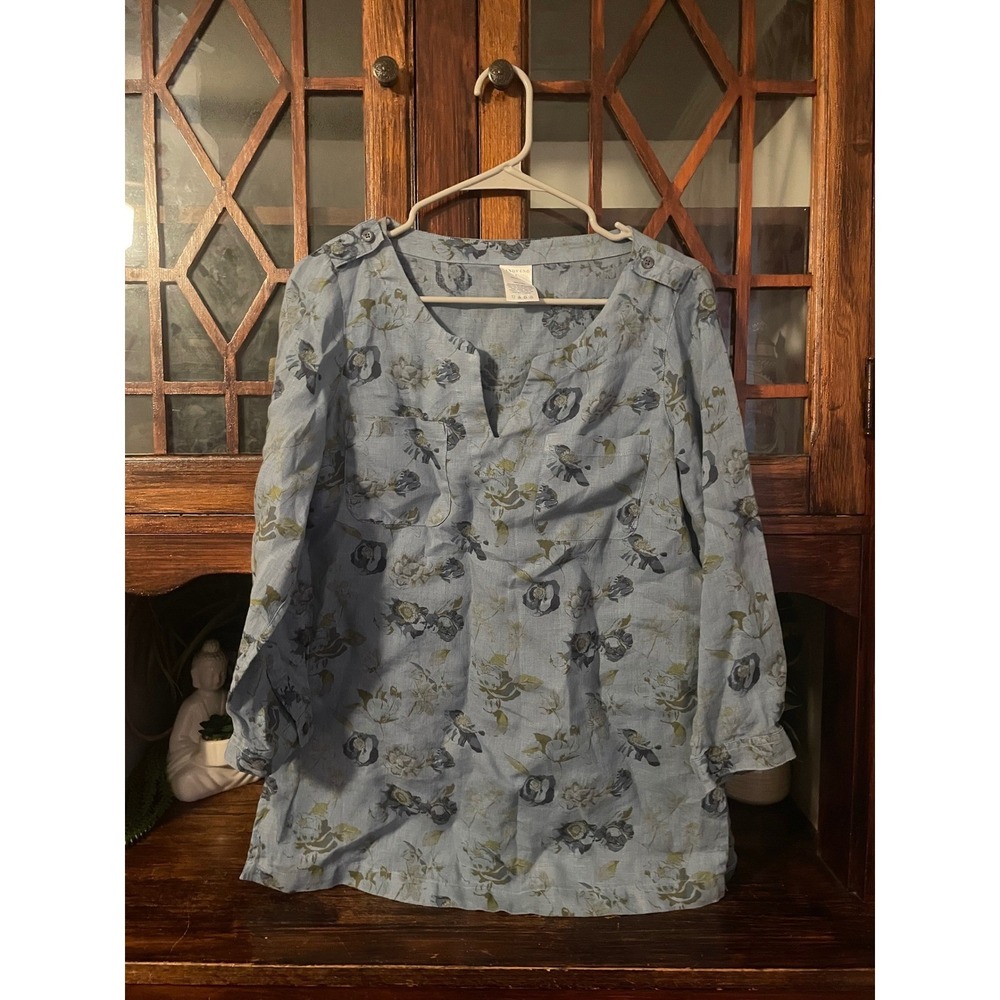 Lands' End Women's Floral Linen Tunic‎ Top Button Shoulder Blue Size 6